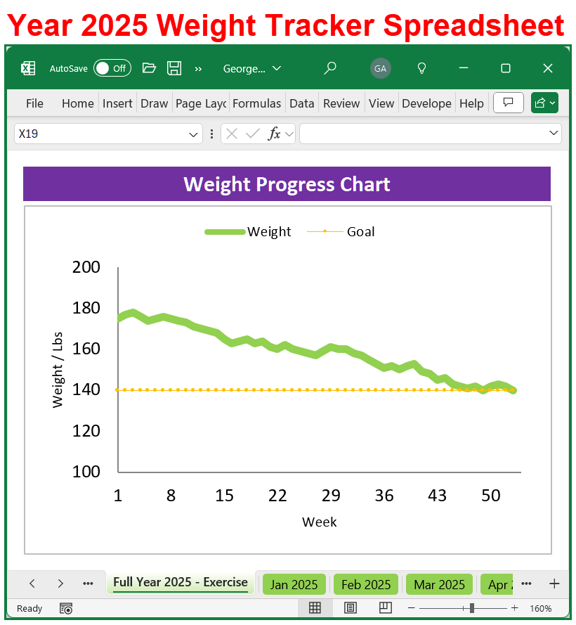 Weight Loss Tracker and Workout Planner Spreadsheet for Year 2025