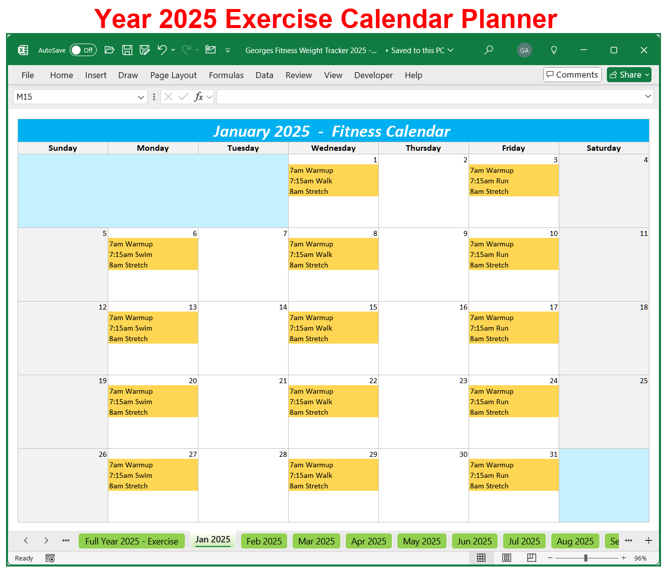 Weight Loss Tracker and Workout Planner Spreadsheet for Year 2025