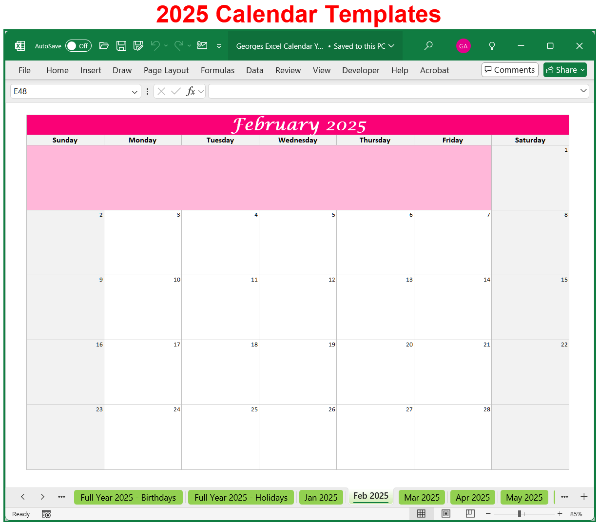 Georges Excel Calendar Year 2025