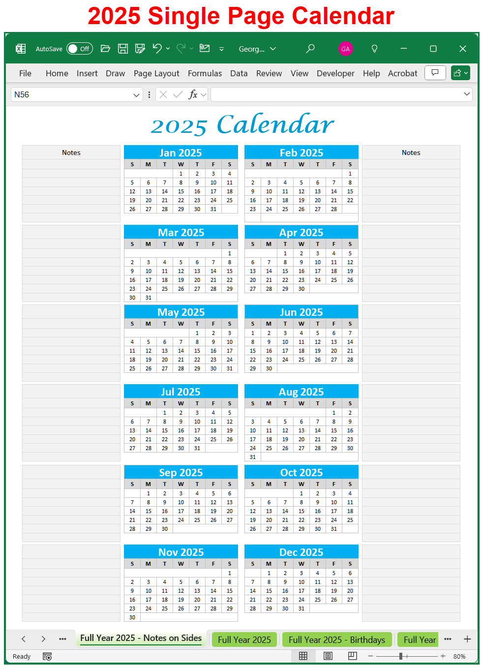 Georges Excel Calendar Year 2025