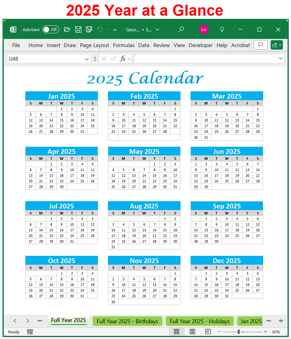 Georges Excel Calendar Year 2025